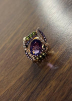 Oval Amethyst Stone Purple Green and White Stone Halo Ring Pendant Necklace Set