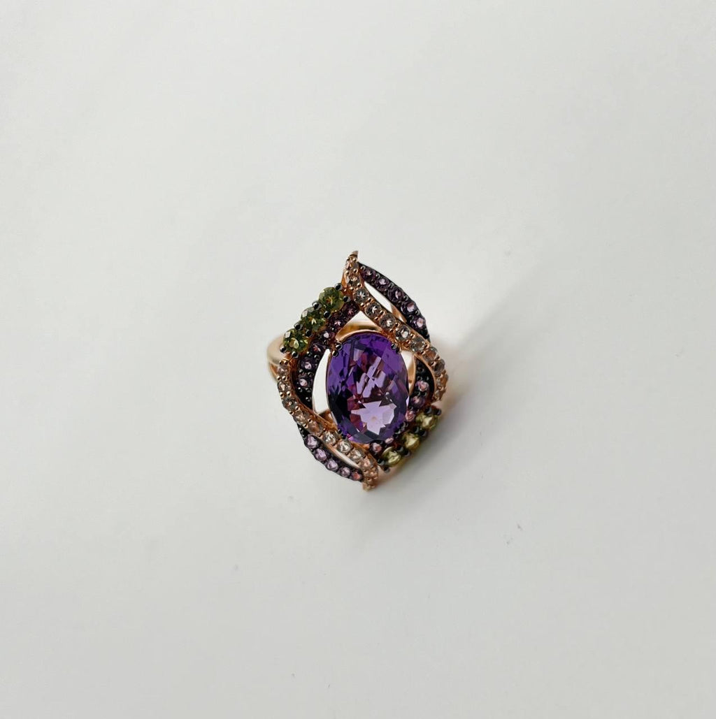 Oval Amethyst Stone Purple Green and White Stone Halo Ring Pendant Necklace Set