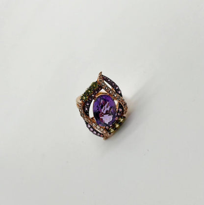 Oval Amethyst Stone Purple Green and White Stone Halo Ring Pendant Necklace Set