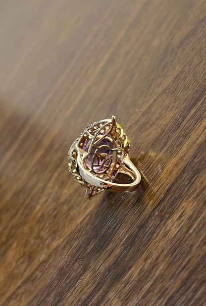 Oval Amethyst Stone Purple Green and White Stone Halo Ring Pendant Necklace Set