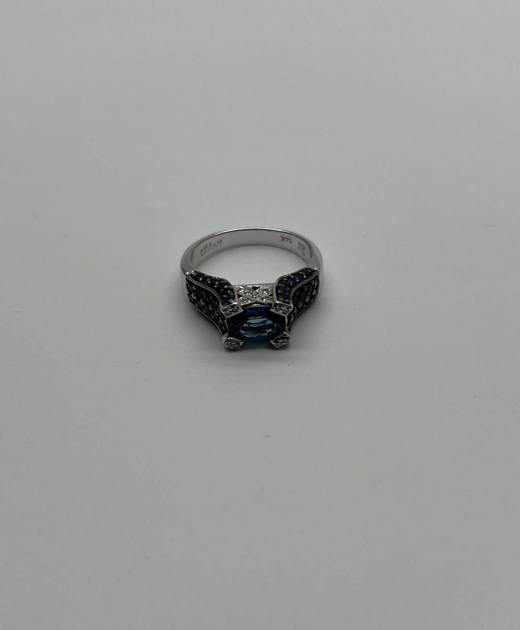 Blue Sapphire East West Horizontal Sapphire Diamond Pave Set 14K White Gold Ring
