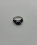 Blue Sapphire East West Horizontal Sapphire Diamond Pave Set 14K White Gold Ring
