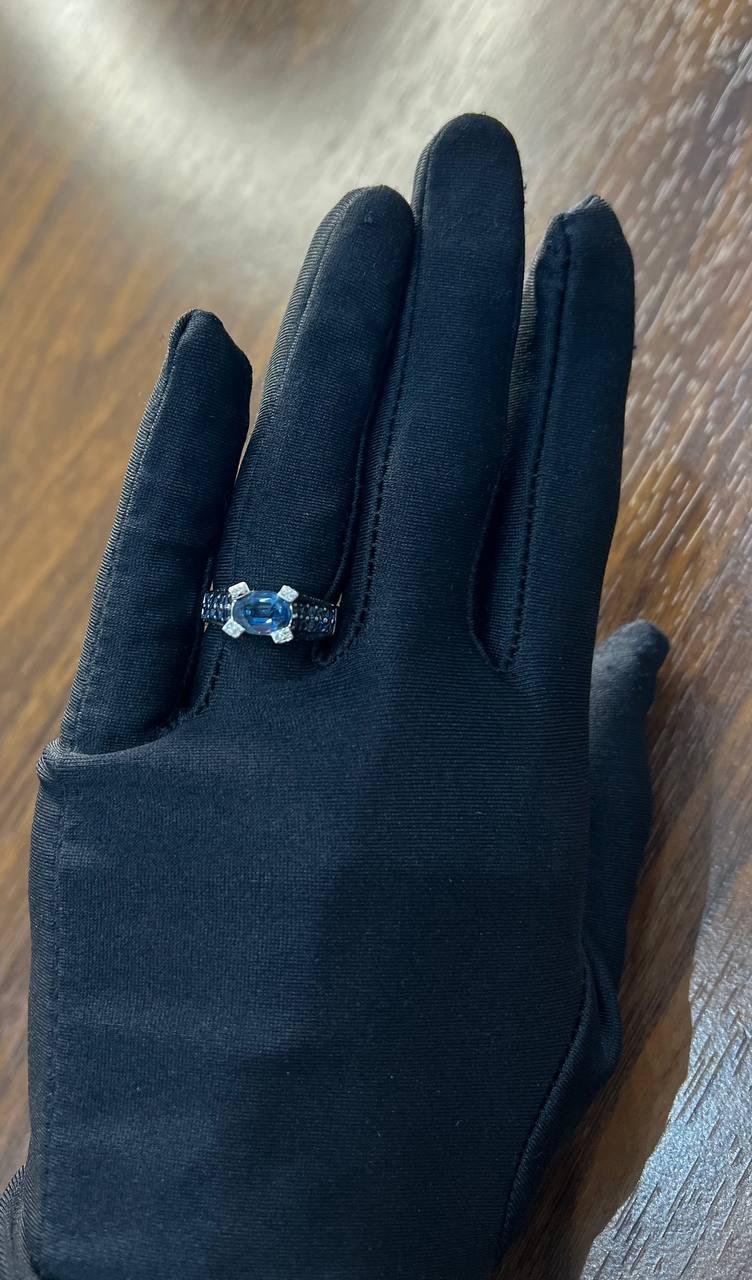 Blue Sapphire East West Horizontal Sapphire Diamond Pave Set 14K White Gold Ring