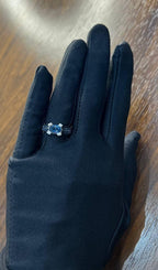 Blue Sapphire East West Horizontal Sapphire Diamond Pave Set 14K White Gold Ring