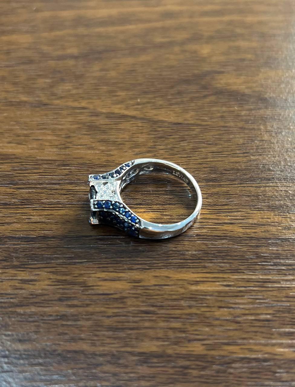 Blue Sapphire East West Horizontal Sapphire Diamond Pave Set 14K White Gold Ring