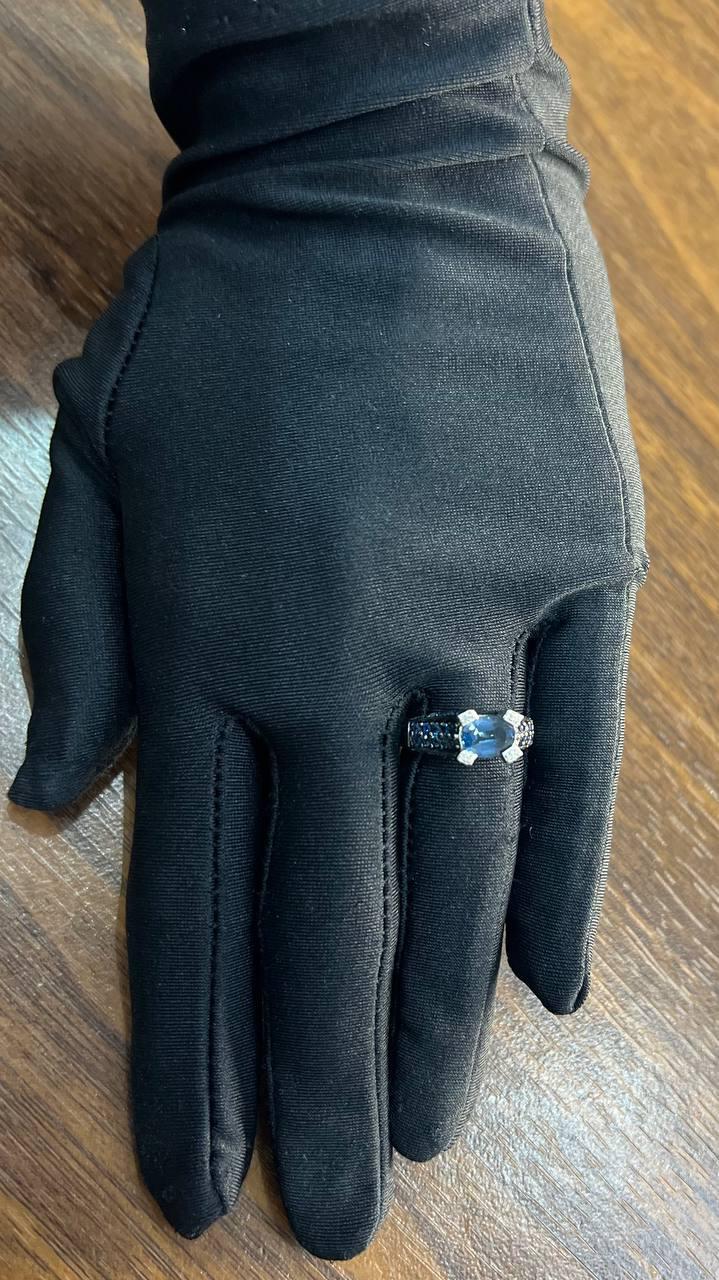 Blue Sapphire East West Horizontal Sapphire Diamond Pave Set 14K White Gold Ring