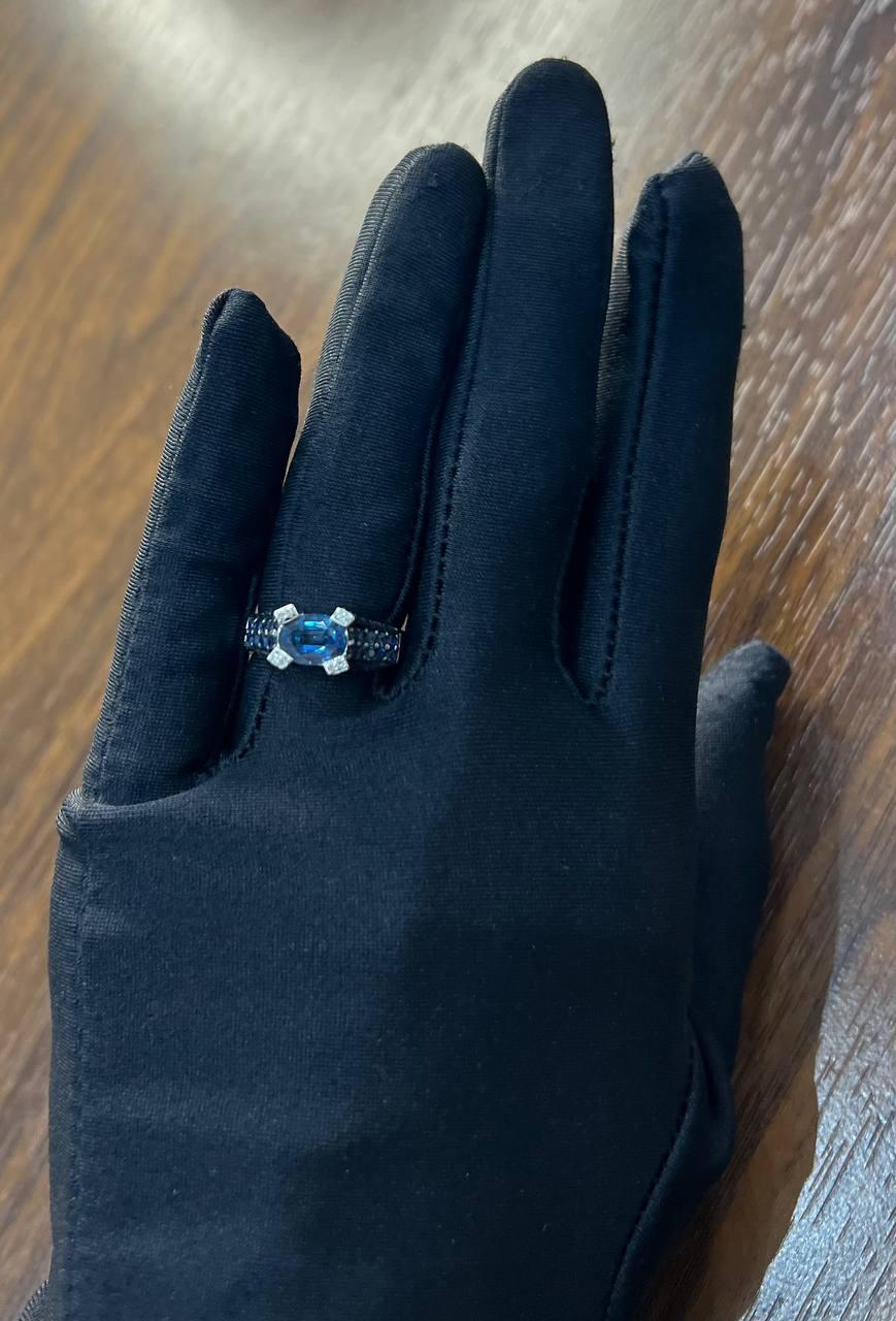Blue Sapphire East West Horizontal Sapphire Diamond Pave Set 14K White Gold Ring