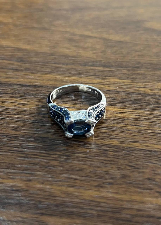 Blue Sapphire East West Horizontal Sapphire Diamond Pave Set 14K White Gold Ring