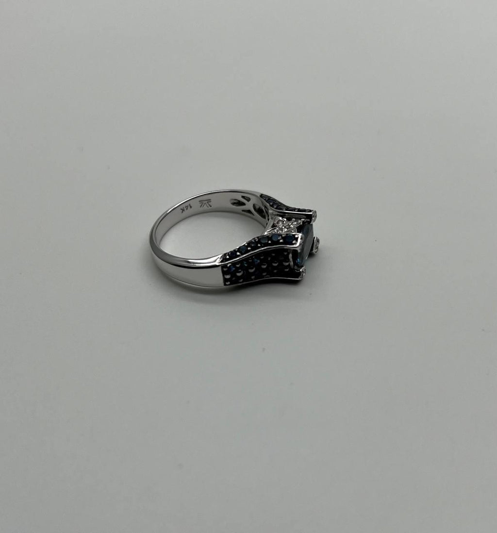 Blue Sapphire East West Horizontal Sapphire Diamond Pave Set 14K White Gold Ring