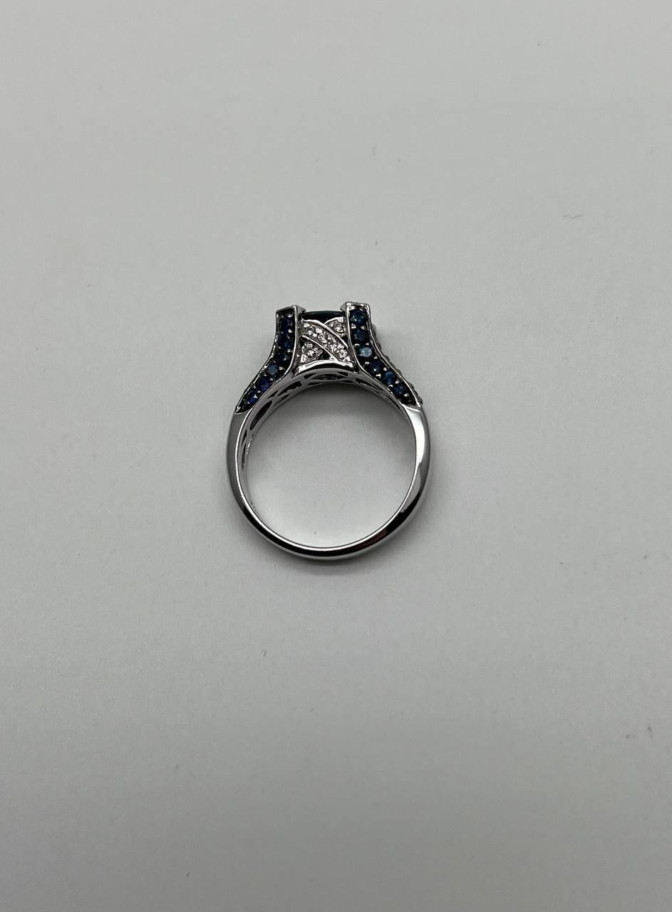 Blue Sapphire East West Horizontal Sapphire Diamond Pave Set 14K White Gold Ring