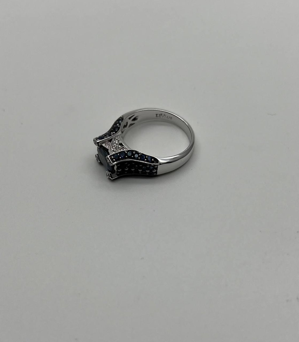 Blue Sapphire East West Horizontal Sapphire Diamond Pave Set 14K White Gold Ring