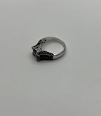 Blue Sapphire East West Horizontal Sapphire Diamond Pave Set 14K White Gold Ring