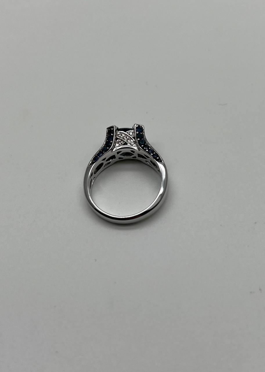 Blue Sapphire East West Horizontal Sapphire Diamond Pave Set 14K White Gold Ring