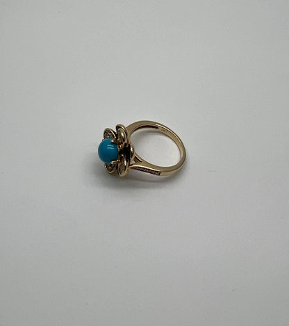 Blue Turquoise Black Onyx White Diamonds Pave Set 14K Yellow Gold Flower Ring