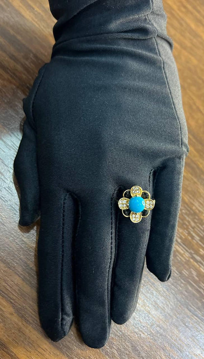 Blue Turquoise Black Onyx White Diamonds Pave Set 14K Yellow Gold Flower Ring