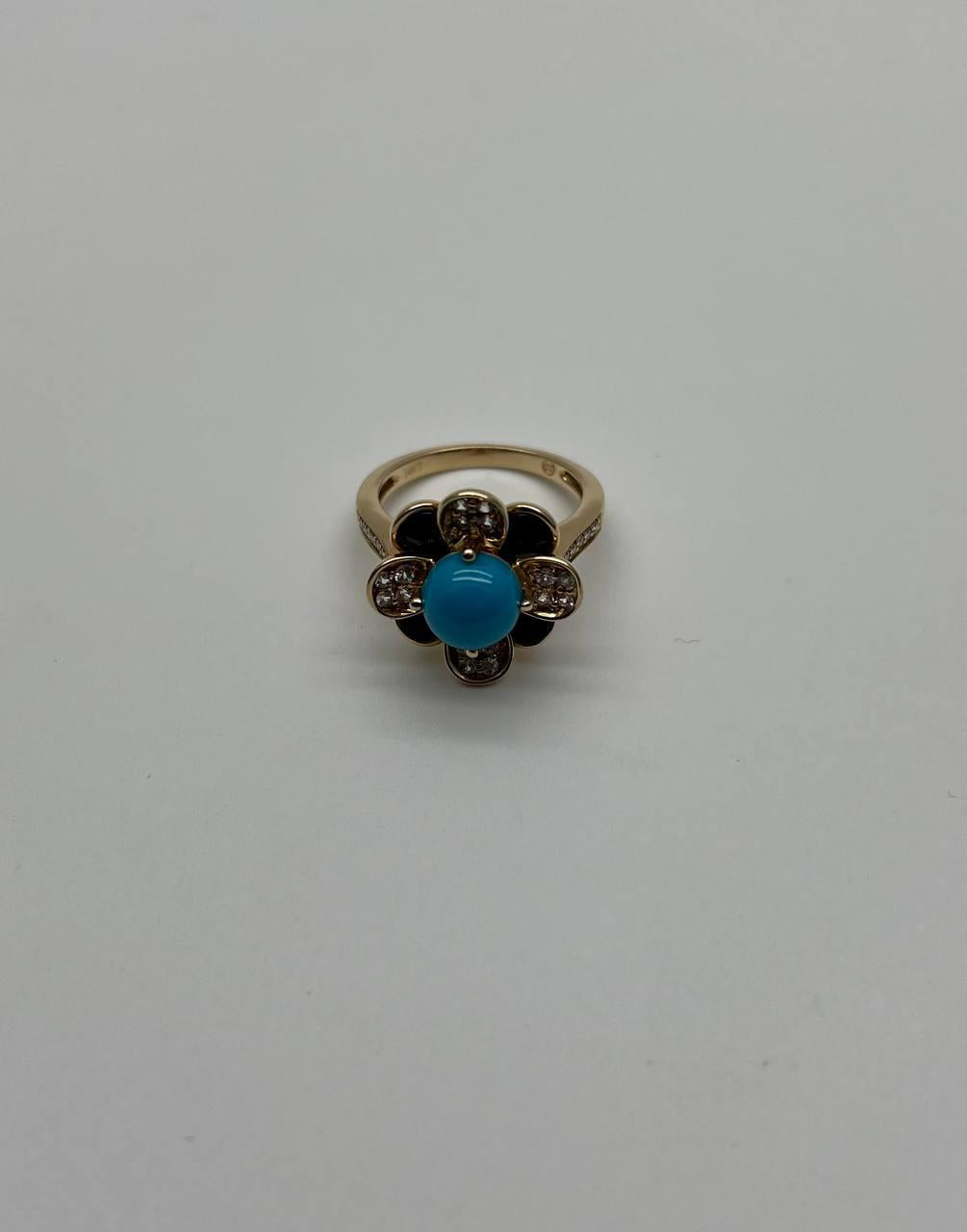 Blue Turquoise Black Onyx White Diamonds Pave Set 14K Yellow Gold Flower Ring