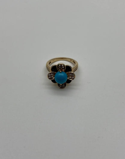Blue Turquoise Black Onyx White Diamonds Pave Set 14K Yellow Gold Flower Ring