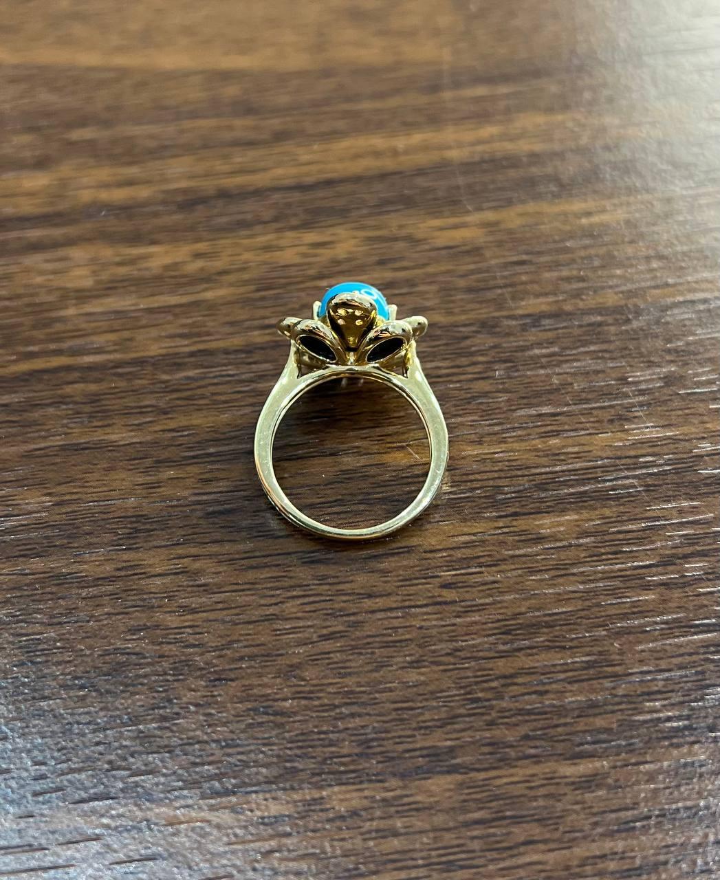 blue turquoise black onyx white diamonds pave set 14k yellow gold flower ring