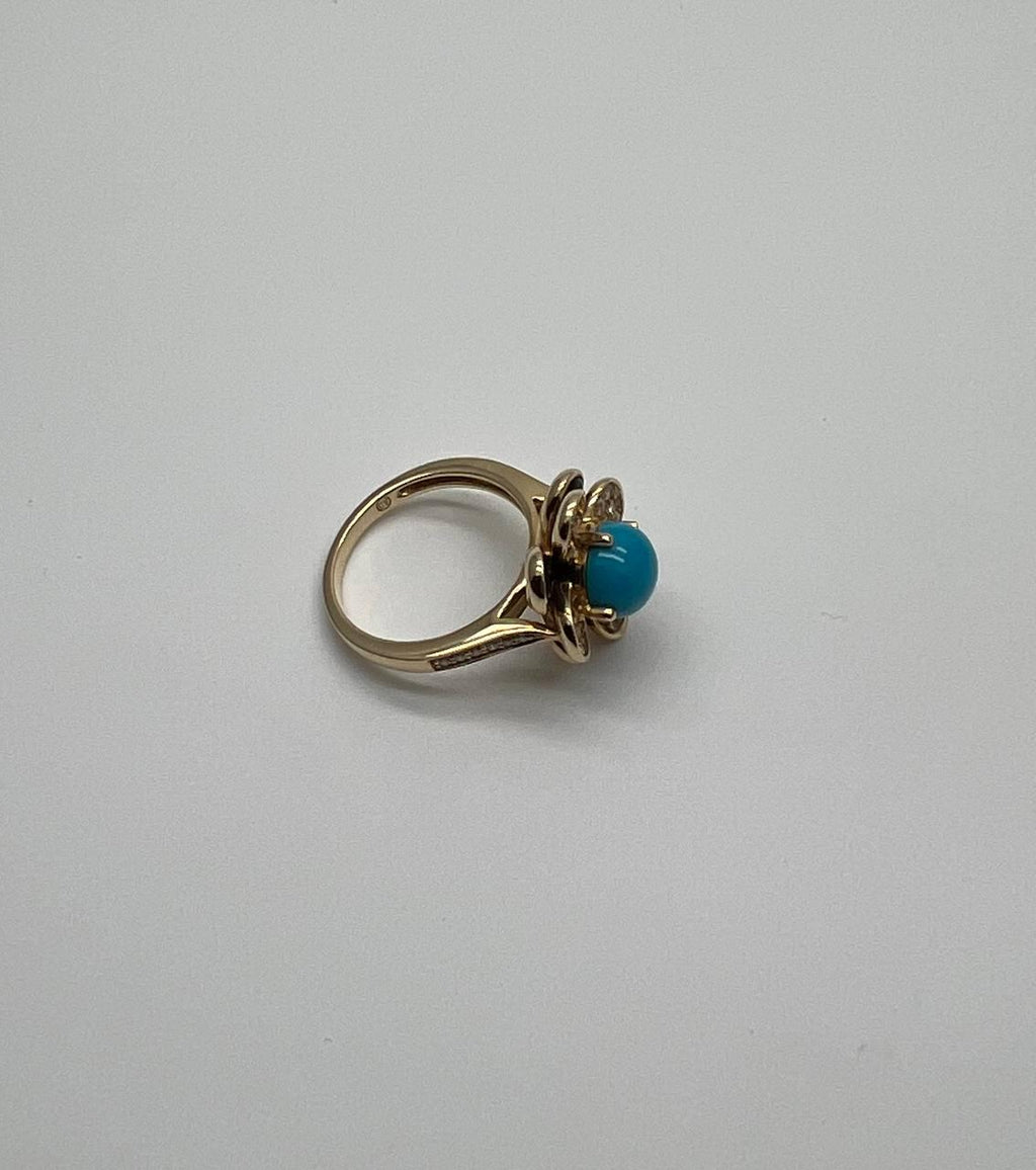 Blue Turquoise Black Onyx White Diamonds Pave Set 14K Yellow Gold Flower Ring