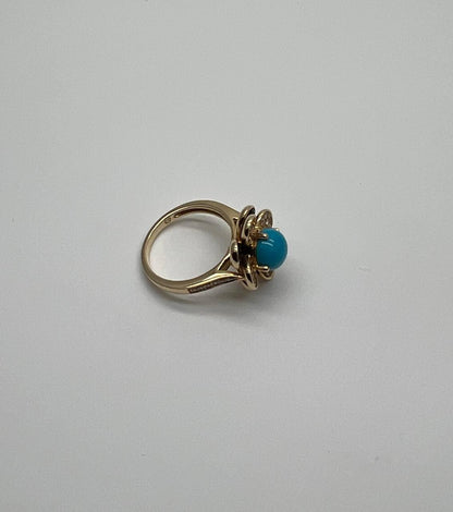 Blue Turquoise Black Onyx White Diamonds Pave Set 14K Yellow Gold Flower Ring