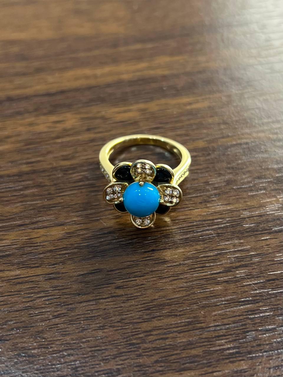 Blue Turquoise Black Onyx White Diamonds Pave Set 14K Yellow Gold Flower Ring