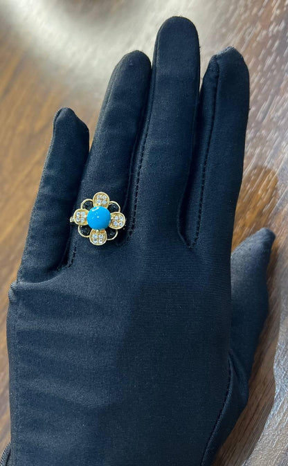 Blue Turquoise Black Onyx White Diamonds Pave Set 14K Yellow Gold Flower Ring