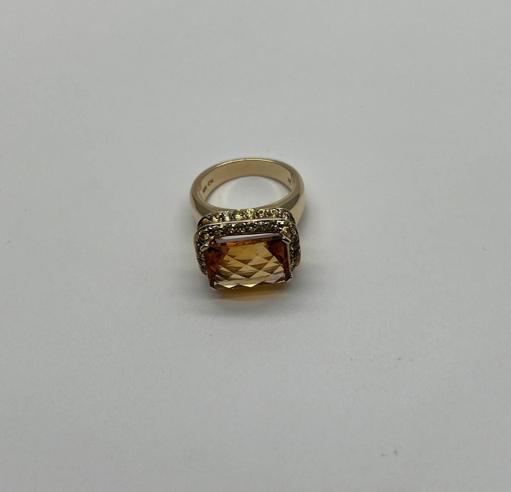 Amber Orange Citrine Yellow Champagne Diamond Halo Pave Set 10K Yellow Gold Ring