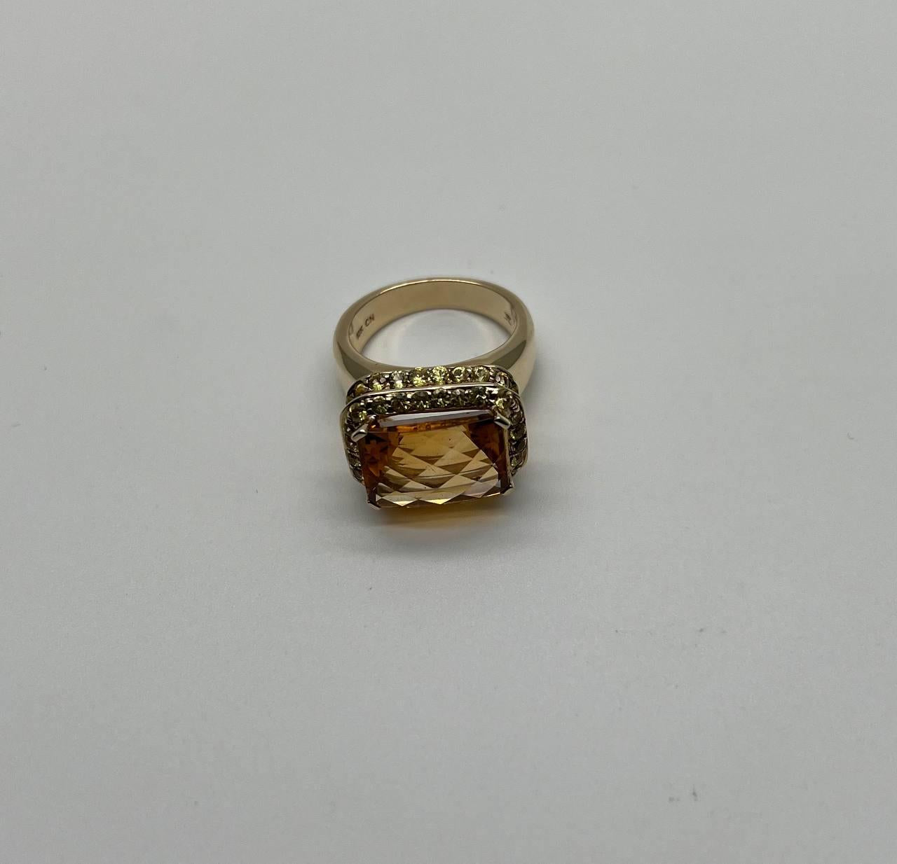 Amber Orange Citrine Yellow Champagne Diamond Halo Pave Set 10K Yellow Gold Ring