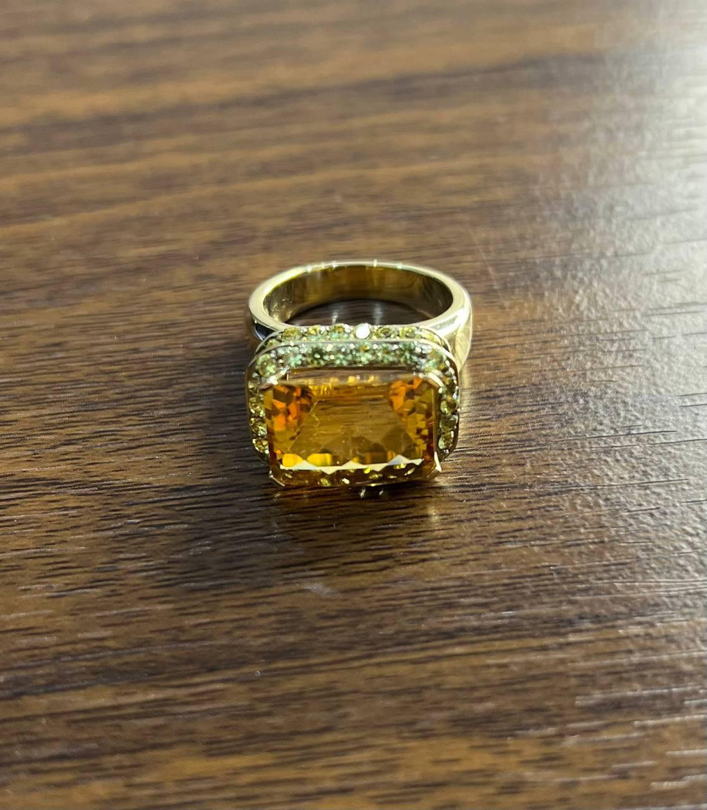Amber Orange Citrine Yellow Champagne Diamond Halo Pave Set 10K Yellow Gold Ring