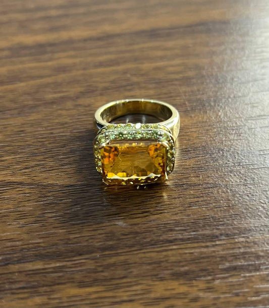 Amber Orange Citrine Yellow Champagne Diamond Halo Pave Set 10K Yellow Gold Ring