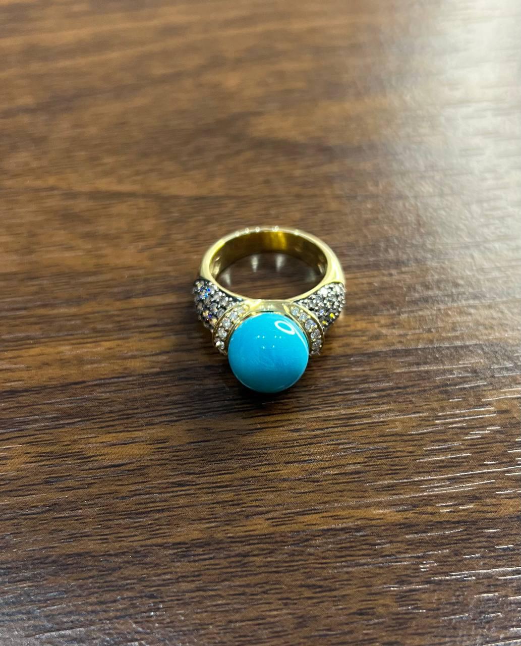 Teal Blue Turquoise Champagne Diamond Pave Set 14K Yellow Gold Statement Ring