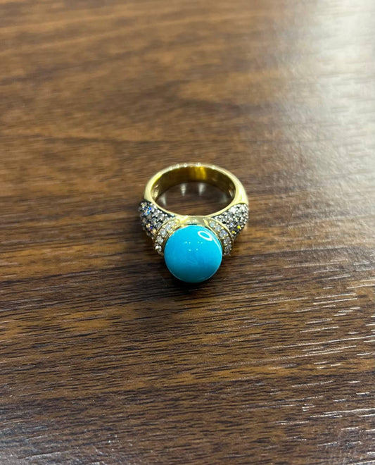 Teal Blue Turquoise Champagne Diamond Pave Set 14K Yellow Gold Statement Ring