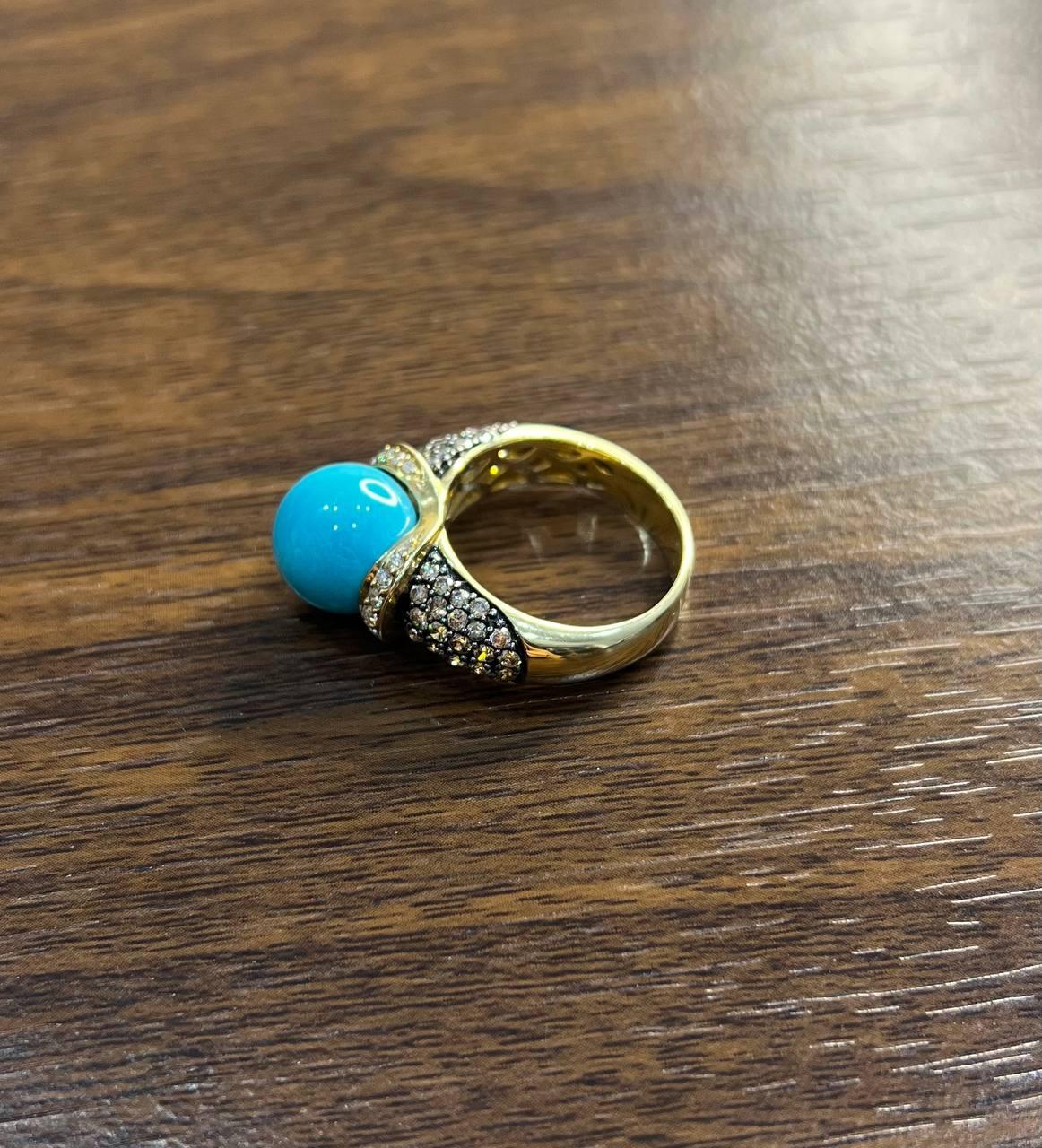 Teal Blue Turquoise Champagne Diamond Pave Set 14K Yellow Gold Statement Ring