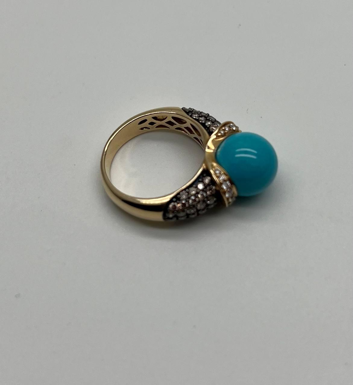 Teal Blue Turquoise Champagne Diamond Pave Set 14K Yellow Gold Statement Ring