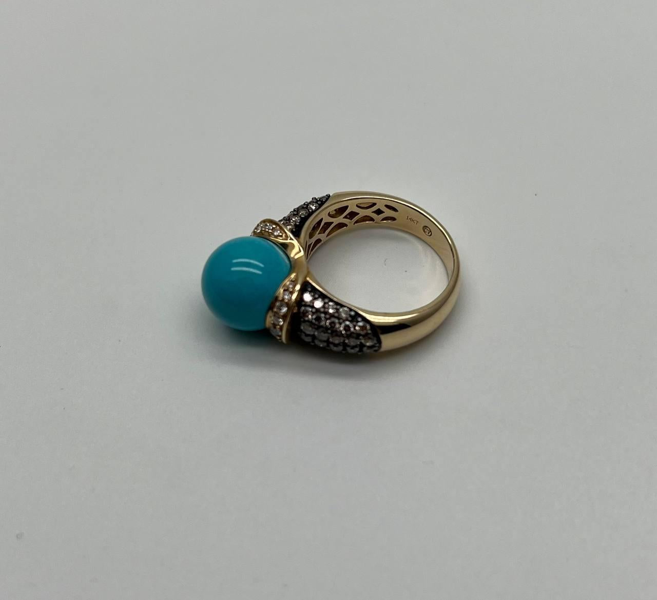 Teal Blue Turquoise Champagne Diamond Pave Set 14K Yellow Gold Statement Ring