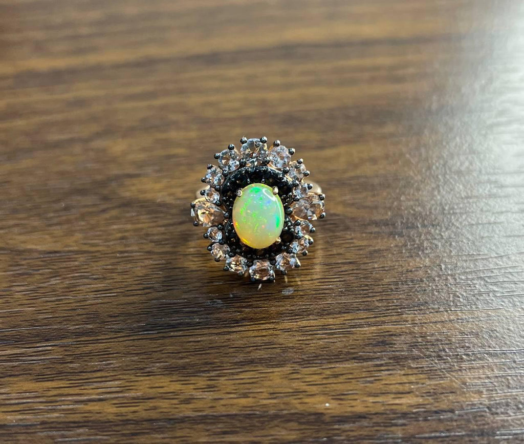 White Yellow Opal Black Diamond Halo Peach Morganite Rose Gold Statement Ring