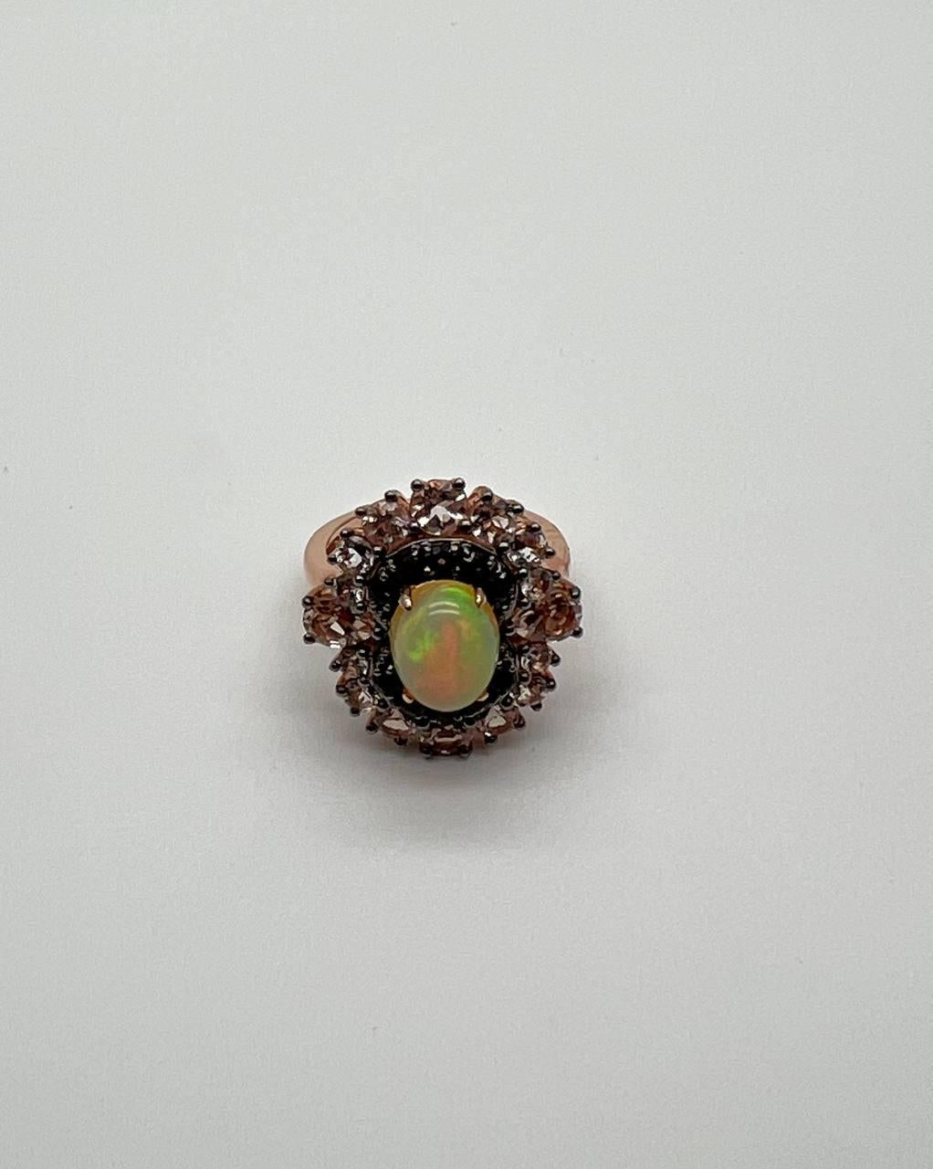 White Yellow Opal Black Diamond Halo Peach Morganite Rose Gold Statement Ring