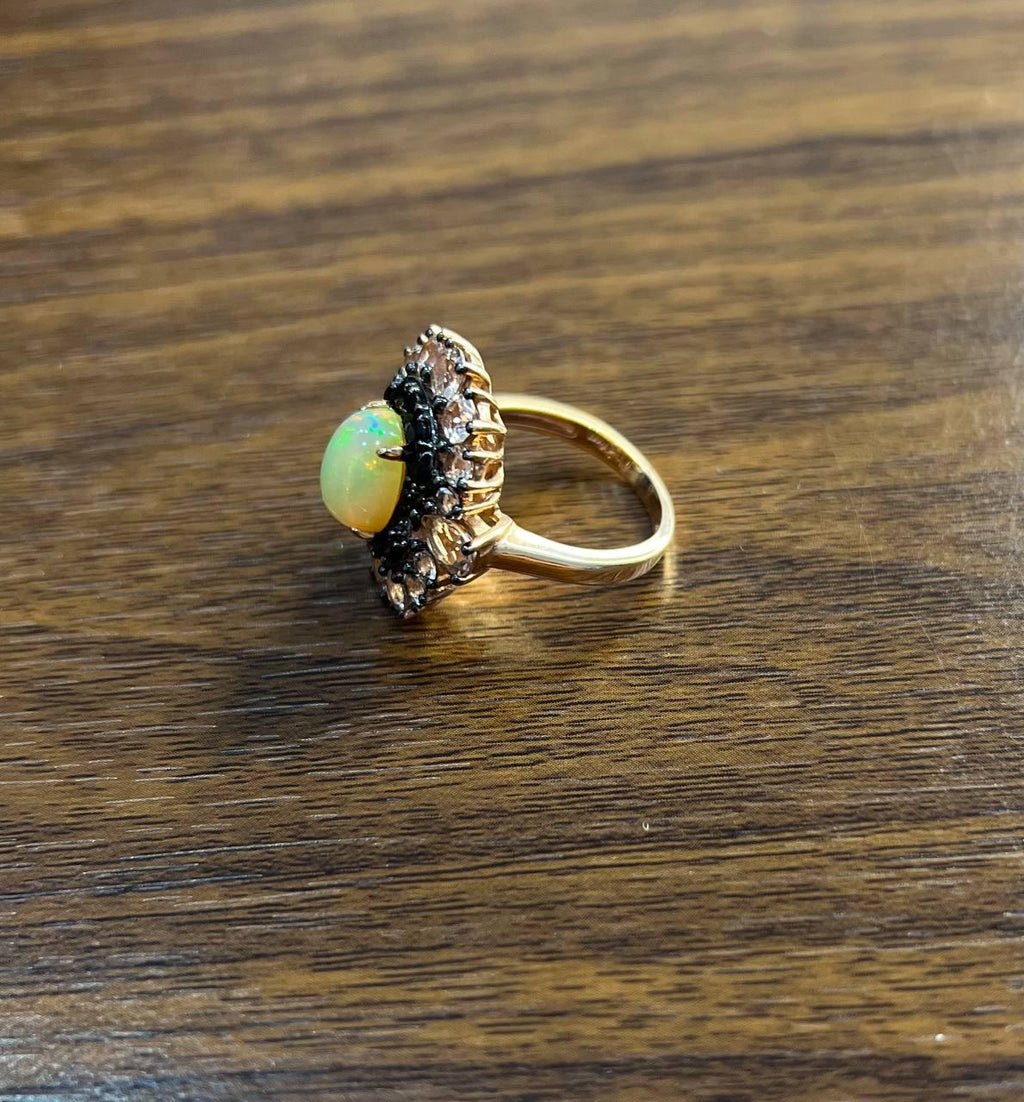 White Yellow Opal Black Diamond Halo Peach Morganite Rose Gold Statement Ring