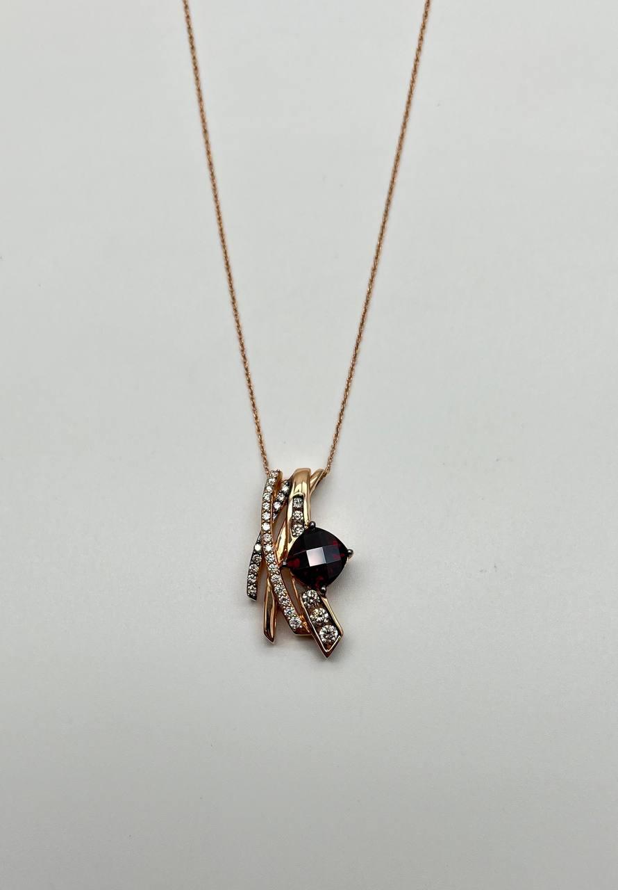 Square Cushion Red Garnet White Diamonds 14K Rose Gold Pendant Necklace