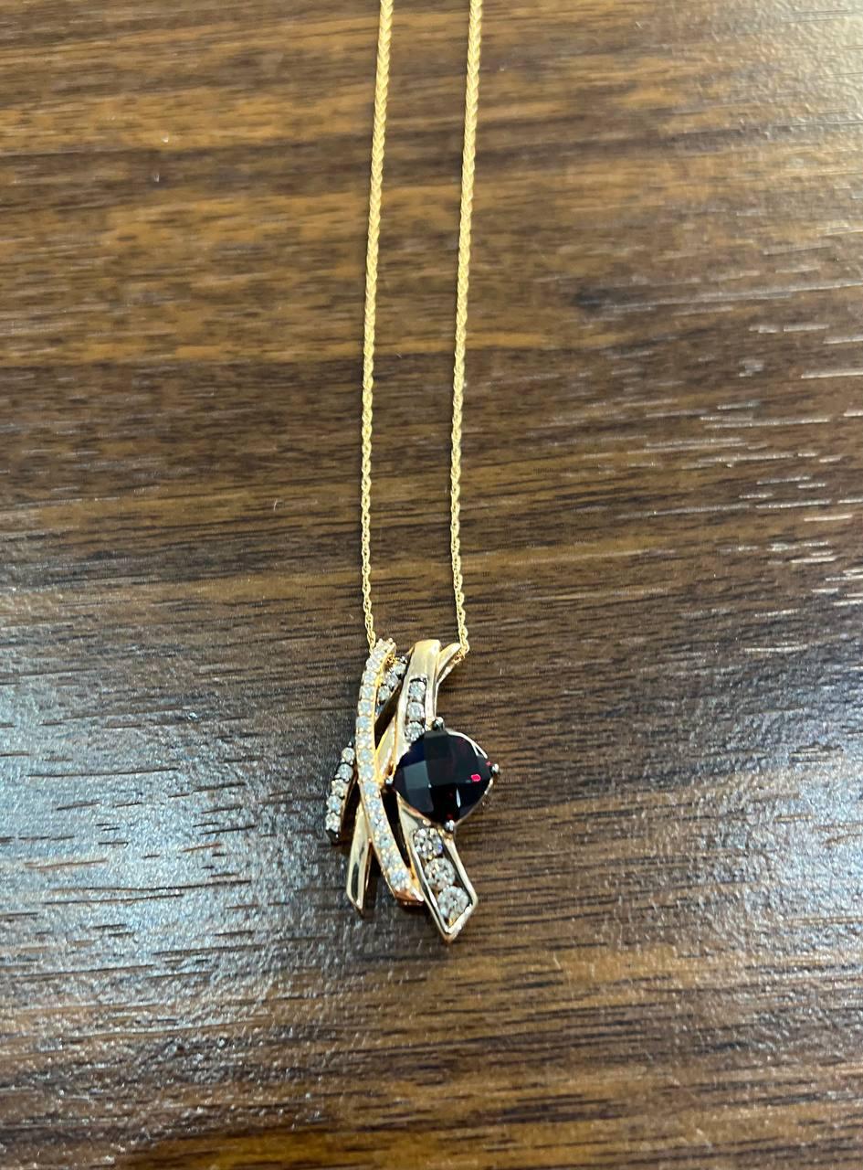 Square Cushion Red Garnet White Diamonds 14K Rose Gold Pendant Necklace