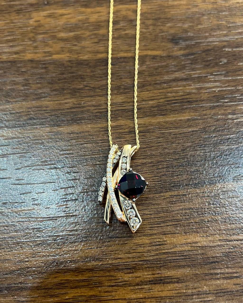 Square Cushion Red Garnet White Diamonds 14K Rose Gold Pendant Necklace