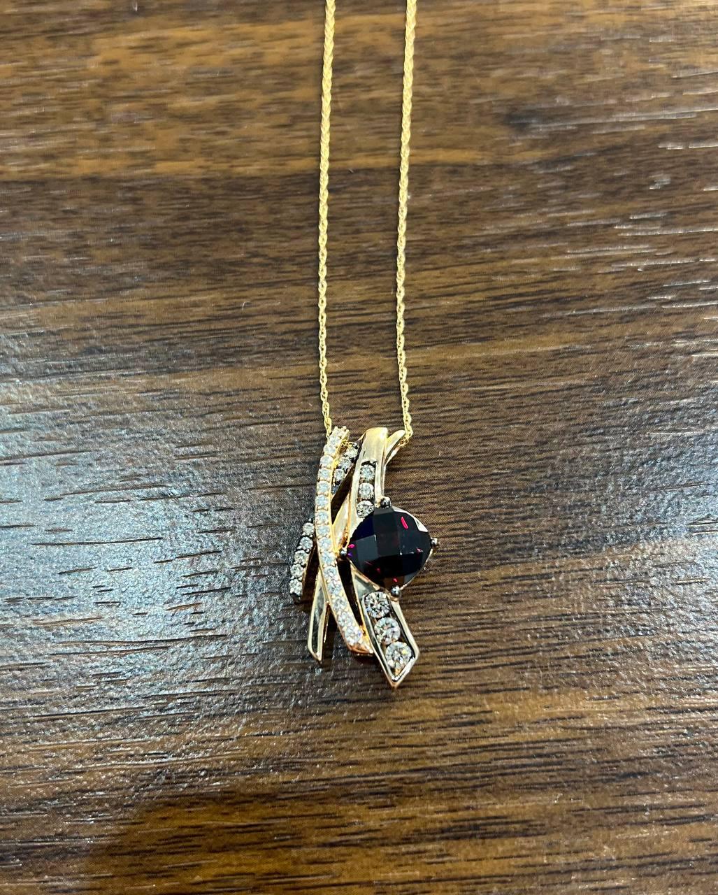 Square Cushion Red Garnet White Diamonds 14K Rose Gold Pendant Necklace