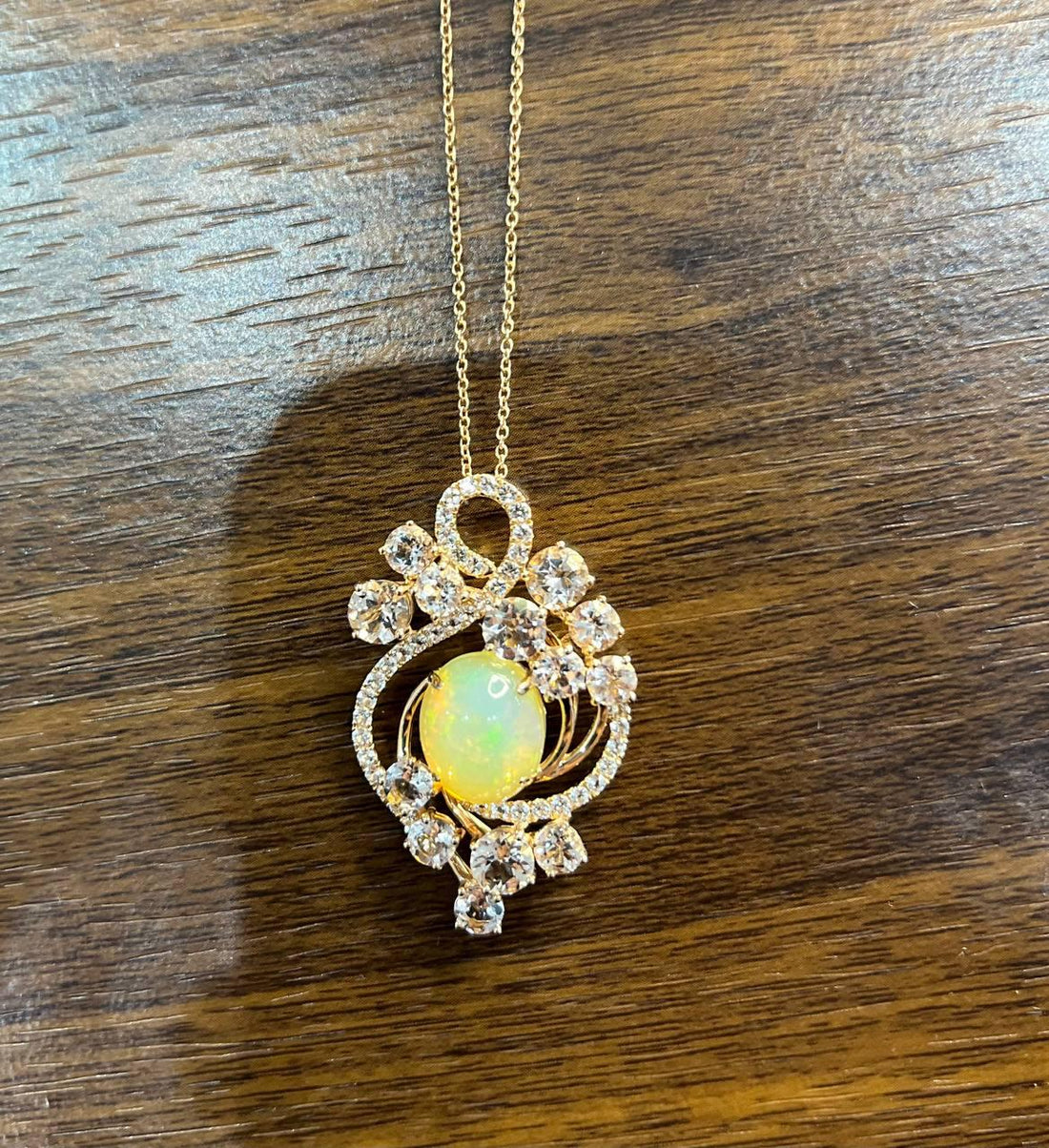 Yellow White Opal Peach Morganites White Diamonds 14K Rose Gold Pendant Necklace