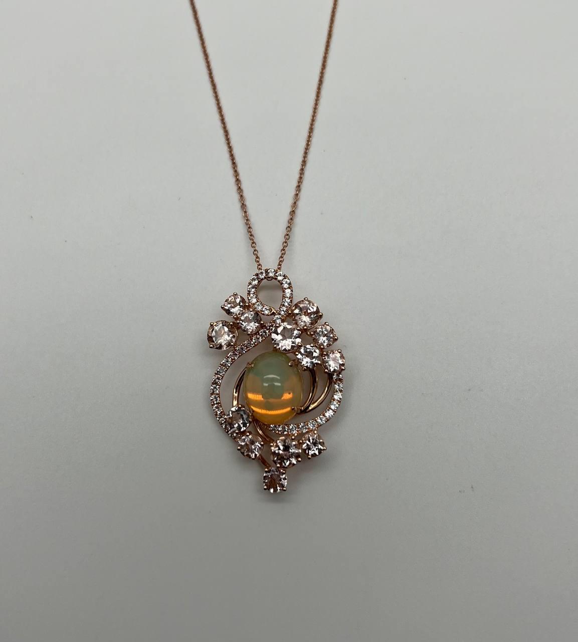 Yellow White Opal Peach Morganites White Diamonds 14K Rose Gold Pendant Necklace