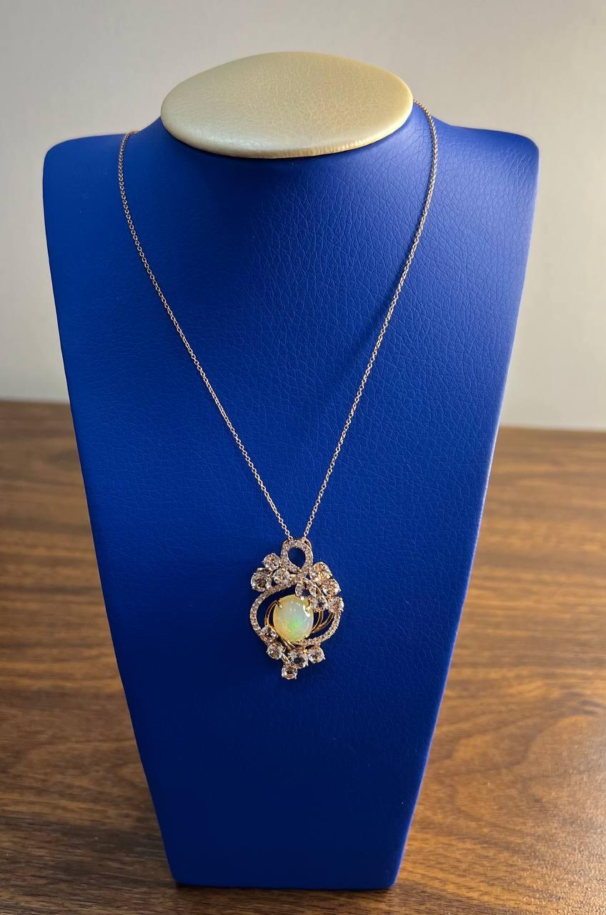 Yellow White Opal Peach Morganites White Diamonds 14K Rose Gold Pendant Necklace