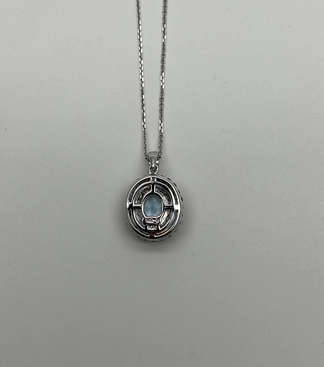 Light Blue Topaz White Diamond Halo 14K White Gold Statement Pendant Necklace