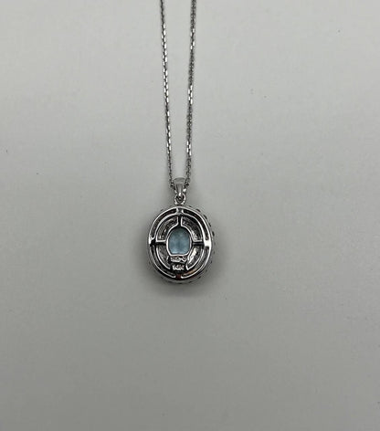 Light Blue Topaz White Diamond Halo 14K White Gold Statement Pendant Necklace