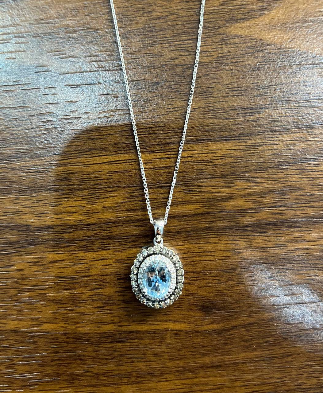 Light Blue Topaz White Diamond Halo 14K White Gold Statement Pendant Necklace