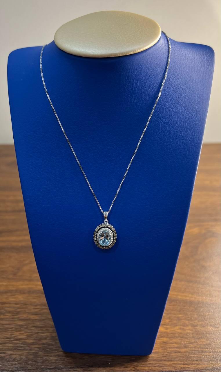 Light Blue Topaz White Diamond Halo 14K White Gold Statement Pendant Necklace