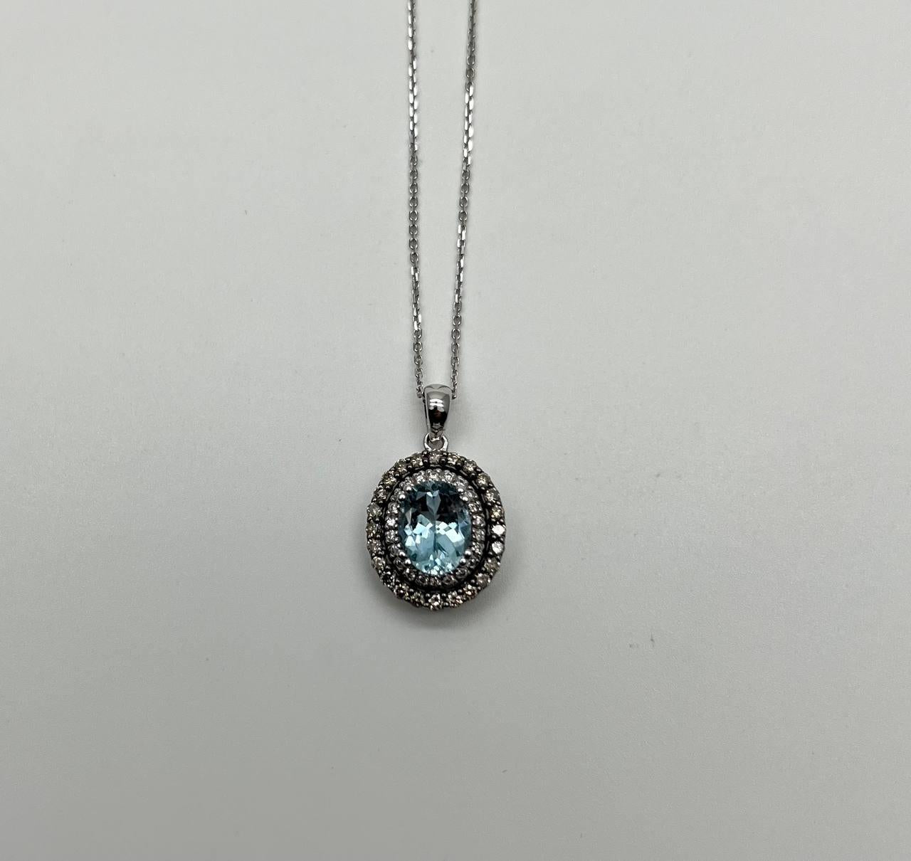 Light Blue Topaz White Diamond Halo 14K White Gold Statement Pendant Necklace